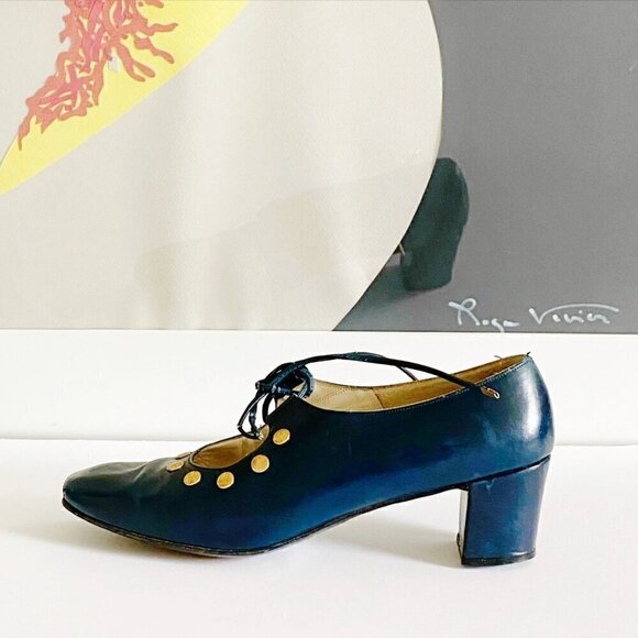 Vintage Roger Vivier Navy Blue Leather Ghillie Pumps with Metal Ornamentation, N - Picture 2 of 16